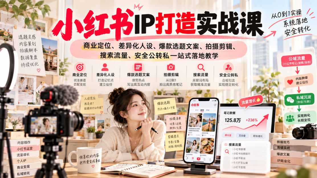 小红书ip打造实战课，商业定位、差异化人设、爆款选题文案、拍摄剪辑、搜索流量、安全公转私一站式落地教学-站长V课