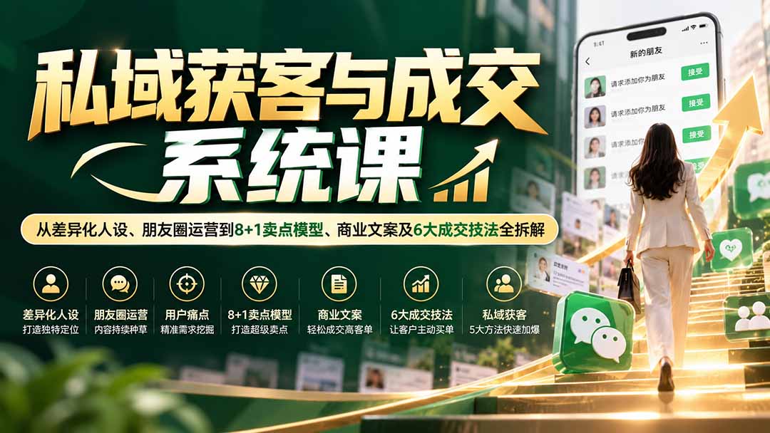 私域获客与成交系统课：从差异化人设、朋友圈运营到8+1卖点模型、商业文案及6大成交技法全拆解-站长V课