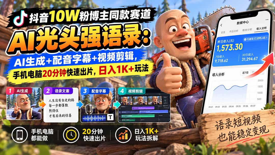 【无水印】抖音10W粉博主同款赛道AI光头强语录：AI生成+配音字幕+视频剪辑，手机电脑20分钟快速出片，日入1K+玩法-站长V课