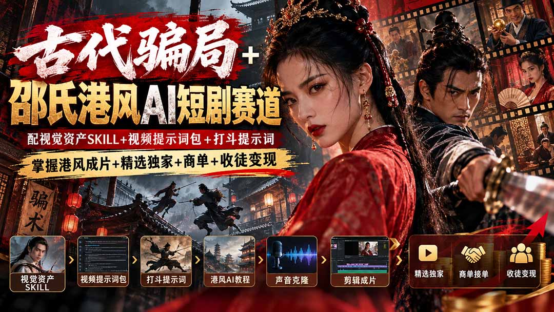 古代骗局+邵氏港风AI短剧赛道：配视觉资产SKILL+视频提示词包+打斗提示词，掌握港风成片+精选独家+商单+收徒变现-站长V课