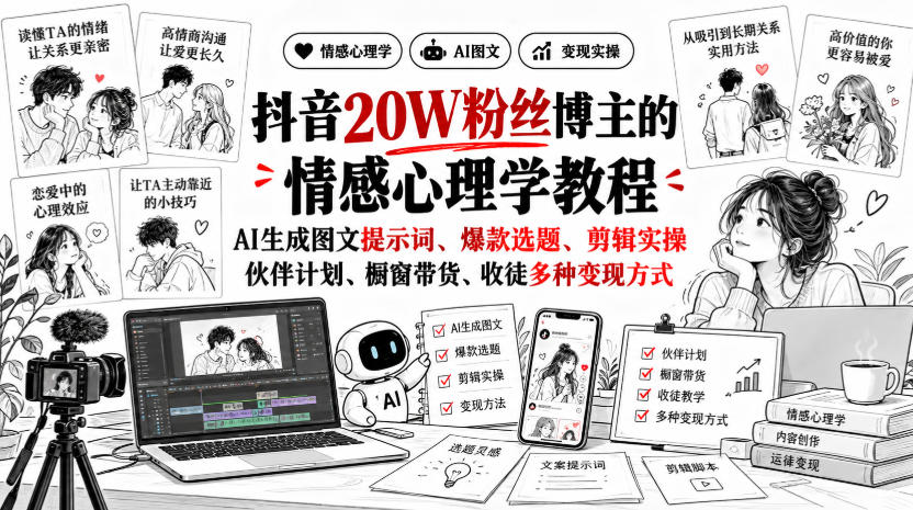 抖音20W粉丝博主静候心声的情感心理学教程，AI生成图文提示词、爆款选题、剪辑实操，伙伴计划、橱窗带货、收徒多种变现方式-站长V课