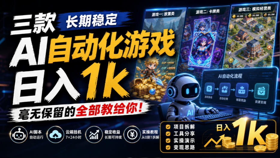 三款长期稳定AI自动化游戏，日入1k，毫无保留的全部教给你！【揭秘】-站长V课