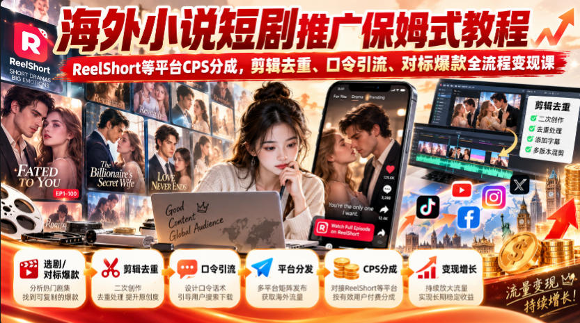 海外小说短剧推广保姆式教程｜ReelShort等平台CPS分成，剪辑去重、口令引流、对标爆款全流程变现课-站长V课
