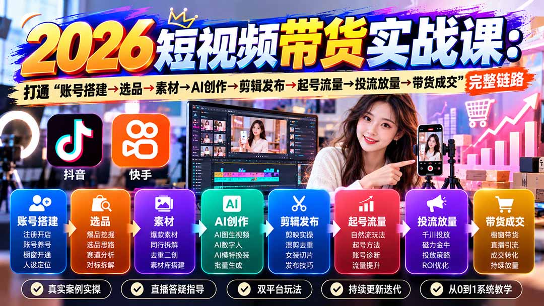2026短视频带货实战课9月：打通“账号搭建→选品→素材→AI创作→剪辑发布→起号流量→投流放量→带货成交”完整链路-站长V课
