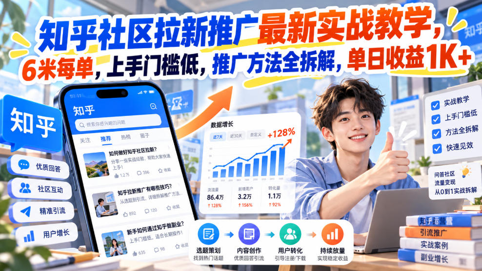 知乎社区拉新推广最新实战教学，6米每单，上手门槛低，推广方法全拆解，单日收益1K+！(更新0930)-站长V课