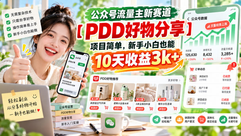 公众号流量主新赛道【PDD好物分享】，项目简单，新手小白也能10天收益3k+-站长V课