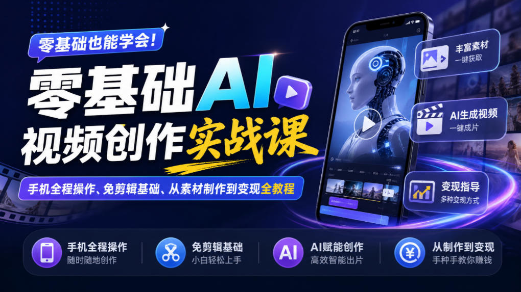 零基础AI视频创作实战课｜手机全程操作、免剪辑基础、从素材制作到变现全教程​-站长V课