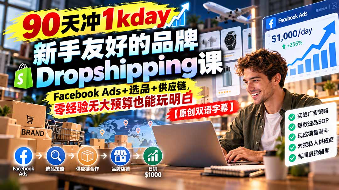 90天冲1kday 新手友好的品牌Dropshipping课：Facebook Ads+选品+供应链，零经验无大预算也能玩明白【原创双语字幕】-站长V课