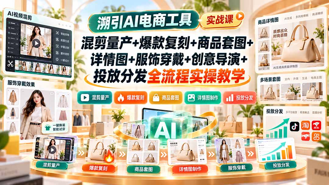 溯引AI电商工具实战课：混剪量产+爆款复刻+商品套图+详情图+服饰穿戴+创意导演+投放分发全流程实操教学-站长V课