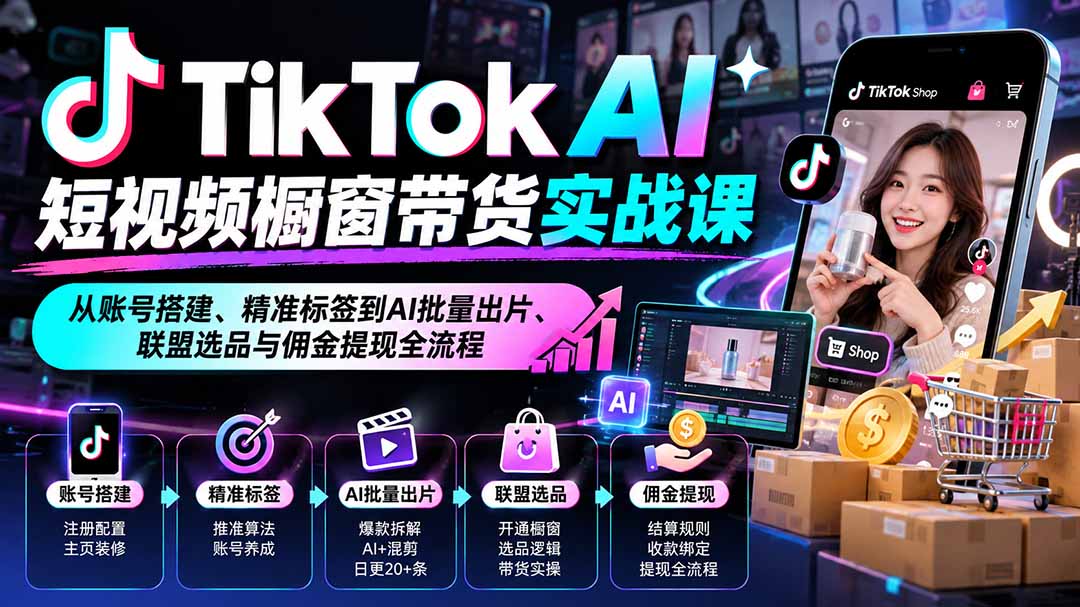 TikTok AI短视频橱窗带货实战课：从账号搭建、精准标签到AI批量出片、联盟选品与佣金提现全流程-站长V课