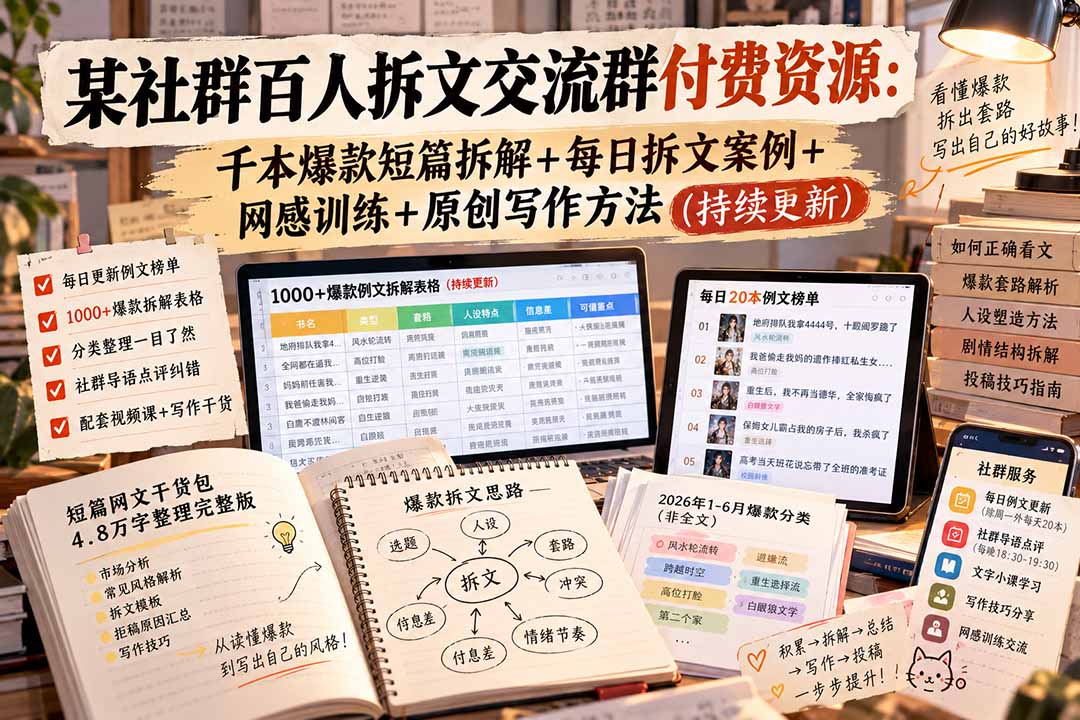 某社群百人拆文交流群付费资源-更新0929：千本爆款短篇拆解+每日拆文案例+网感训练+原创写作方法-站长V课