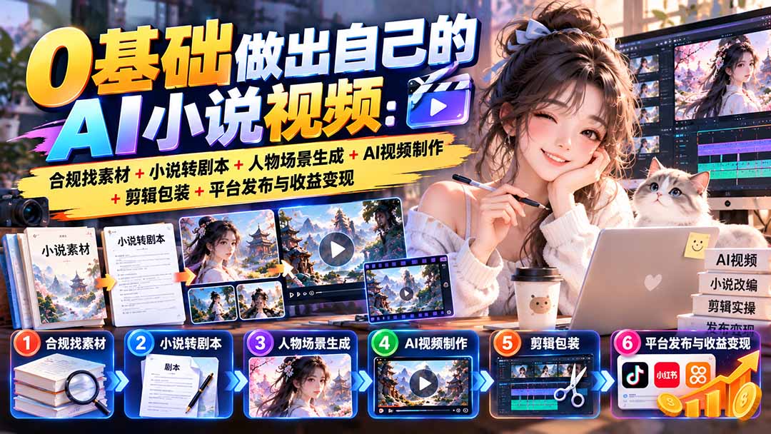 0基础做出自己的AI小说视频：合规找素材+小说转剧本+人物场景生成+AI视频制作+剪辑包装+平台发布与收益变现-站长V课