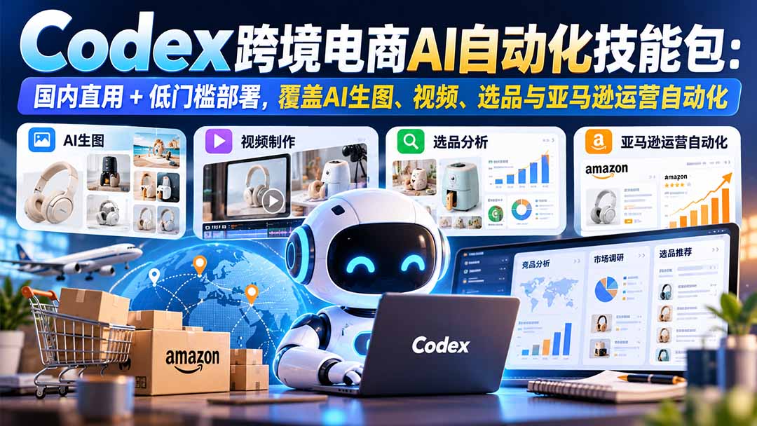 【无水印】Codex跨境电商AI自动化技能包：国内直用+低门槛部署，覆盖AI生图、视频、选品与亚马逊运营自动化-站长V课