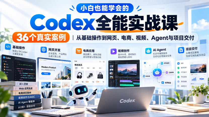 小白也能学会的Codex全能实战课｜36个真实案例，从基础操作到网页、电商、视频、Agent与项目交付-站长V课