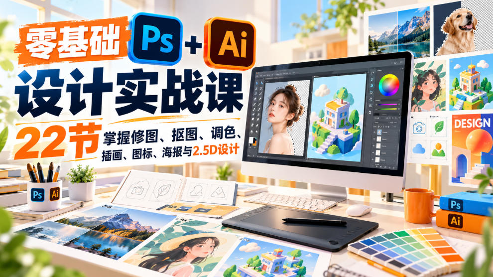 【无水印】零基础PS+AI设计实战课｜22节掌握修图、抠图、调色、插画、图标、海报与2.5D设计-站长V课