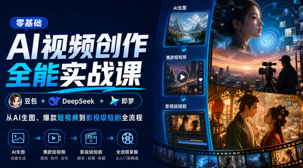 零基础AI视频创作全能实战课｜豆包+DeepSeek+即梦，从AI生图、爆款短视频到影视级短剧全流程-站长V课