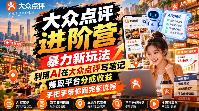 大众点评进阶营，暴力新玩法，利用AI在大众点评写笔记， 賺取平台分成收益，手把手带你跑完整流程-站长V课
