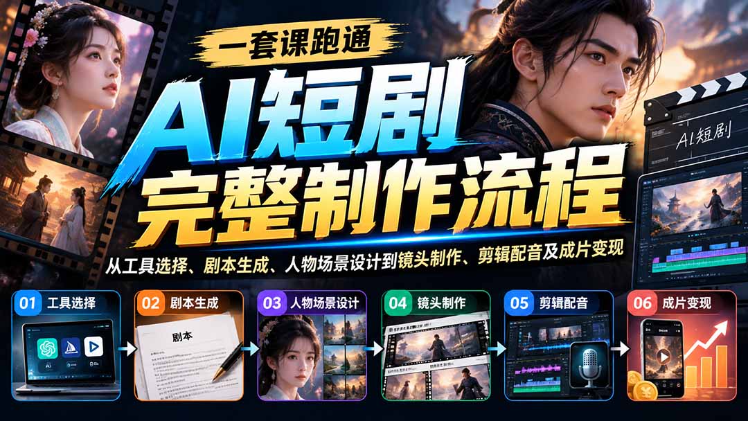 一套课跑通AI短剧完整制作流程：从工具选择、剧本生成、人物场景设计到镜头制作、剪辑配音及成片变现-站长V课