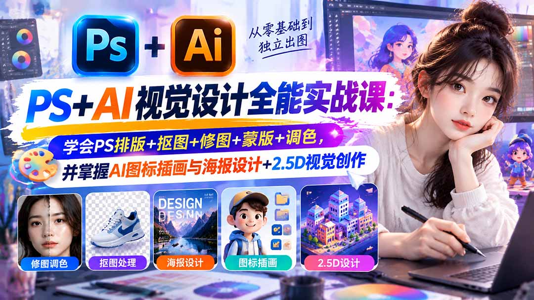 【无水印】PS+AI视觉设计全能实战课：学会PS排版+抠图+修图+蒙版+调色，并掌握AI图标插画与海报设计+2.5D视觉创作-站长V课