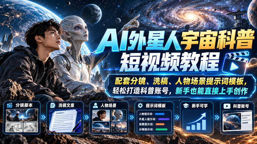 AI外星人宇宙科普短视频教程，配套分镜、洗稿、人物场景提示词模板，轻松打造科普账号，新手也能直接上手创作-站长V课