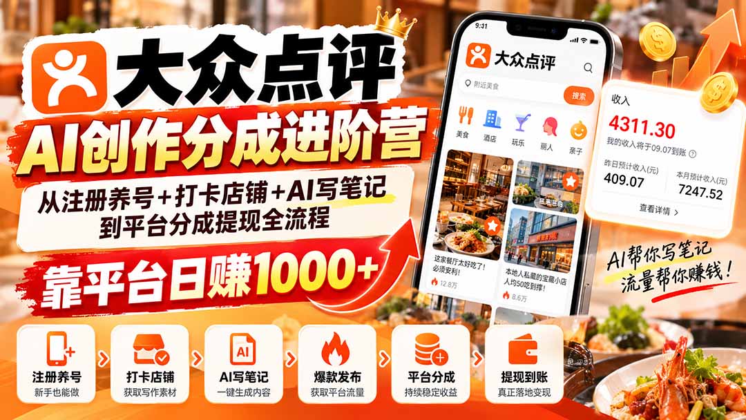 大众点评AI创作分成进阶营：从注册养号+打卡店铺+AI写笔记到平台分成提现全流程，靠平台日赚1000+-站长V课