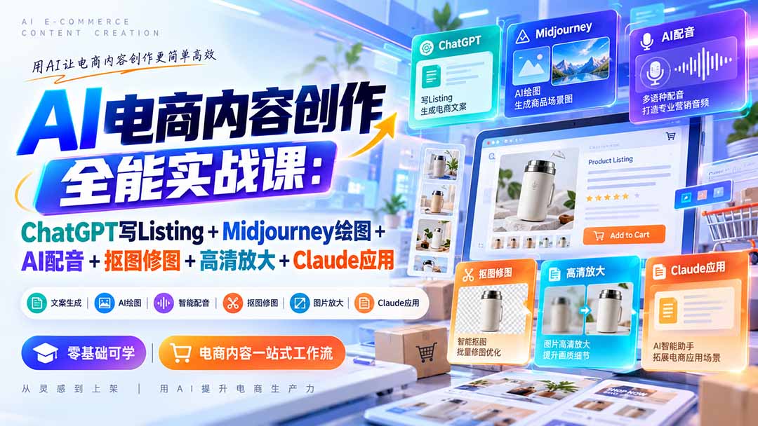 【无水印】AI电商内容创作全能实战课:ChatGPT写Listing+Midjourney绘图+AI配音+抠图修图+高清放大+Claude应用-站长V课