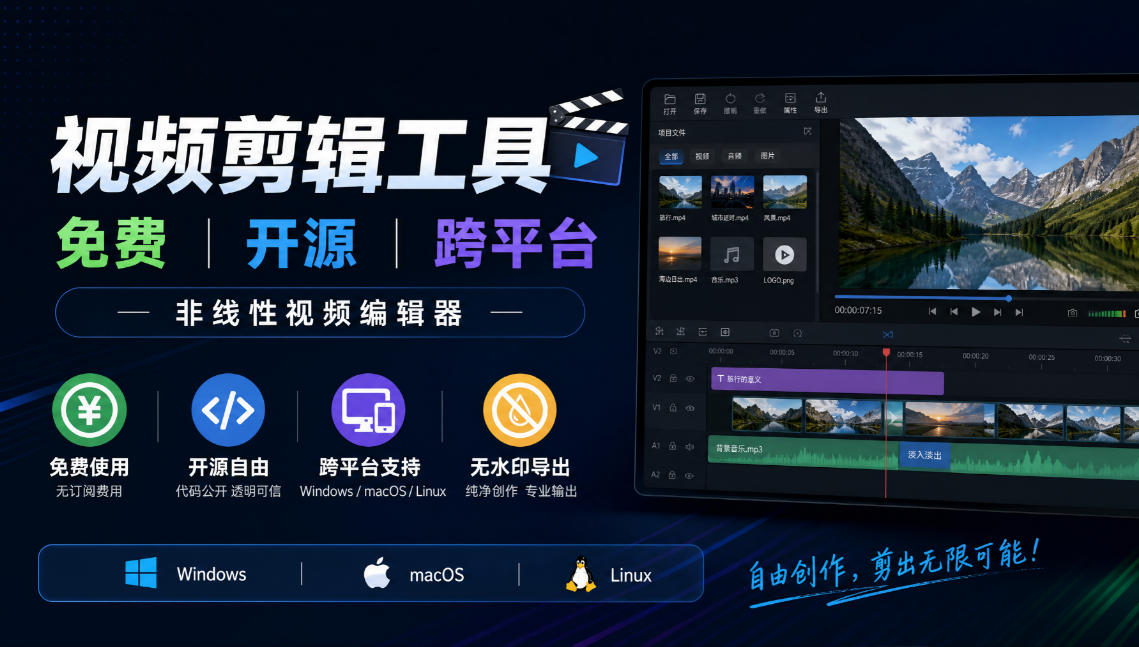 视频剪辑工具，免费、开源、跨平台，非线性视频编辑器，支持Windows、macOS、Linux，无水印、无订阅费用-站长V课