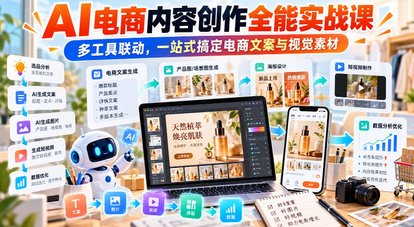 【无水印】AI电商内容创作全能实战课|多工具联动,一站式搞定电商文案与视觉素材-站长V课