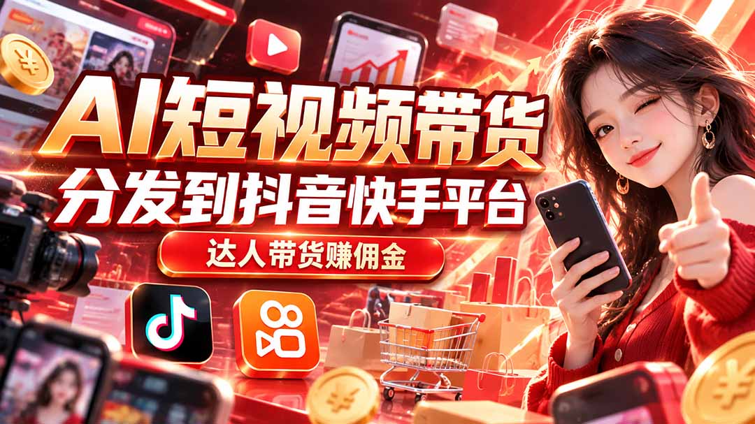 【AI短视频带货】分发到抖音快手平台，达人带货赚佣金-站长V课
