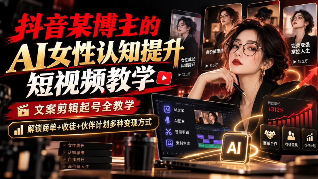 抖音某博主的Ai女性认知提升短视频教学,文案剪辑起号全教学,解锁商单+收徒+伙伴计划多种变现方式-站长V课