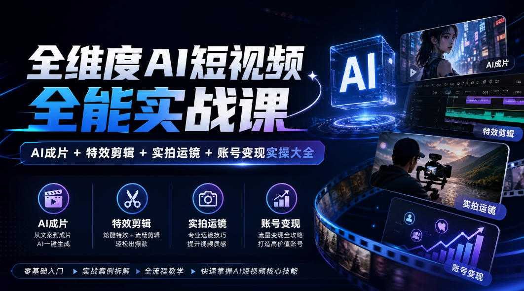 全维度AI短视频全能实战课，AI成片+特效剪辑+实拍运镜+账号变现实操大全-站长V课