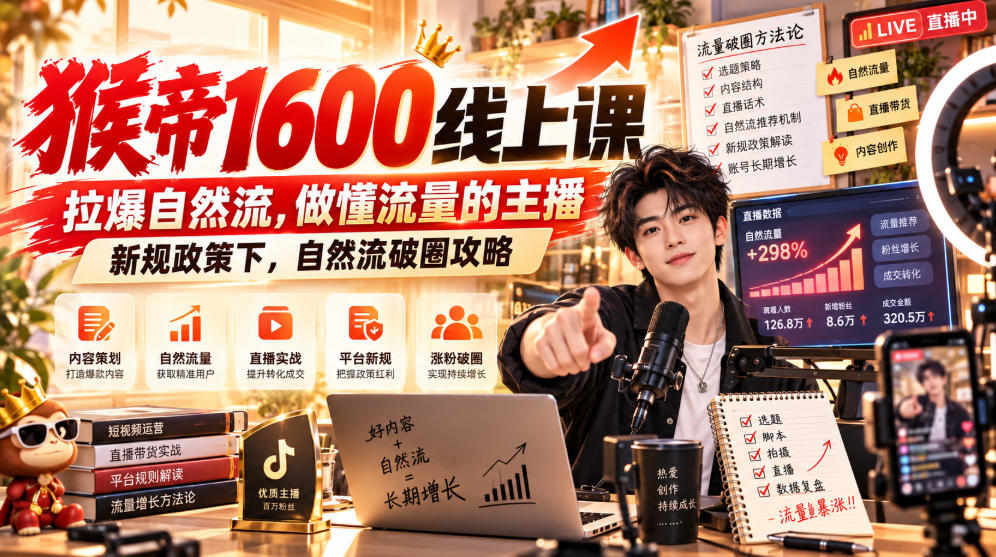 猴帝1600线上课，拉爆自然流，做懂流量的主播，新规政策下，自然流破圈攻略【更新261002】-站长V课