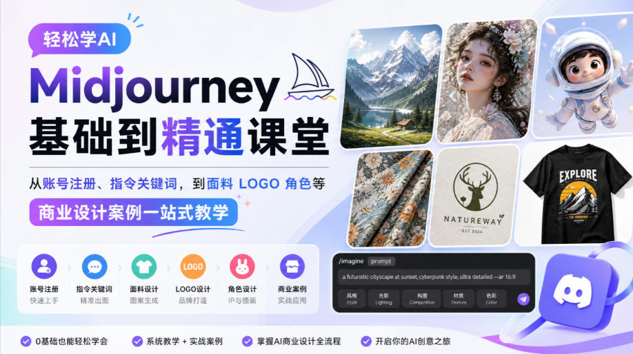 轻松学AI Midjourney基础到精通课堂，从账号注册、指令关键词，到面料LOGO角色等商业设计案例一站式教学-站长V课