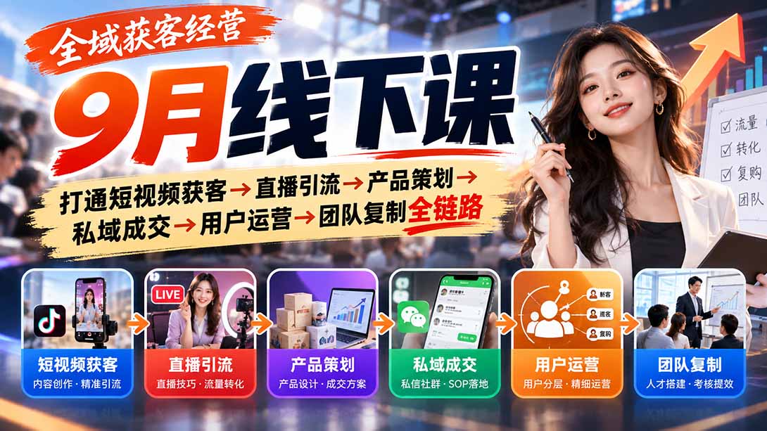 全域获客经营9月线下课:打通短视频获客→直播引流→产品策划→私域成交→用户运营→团队复制全链路-站长V课