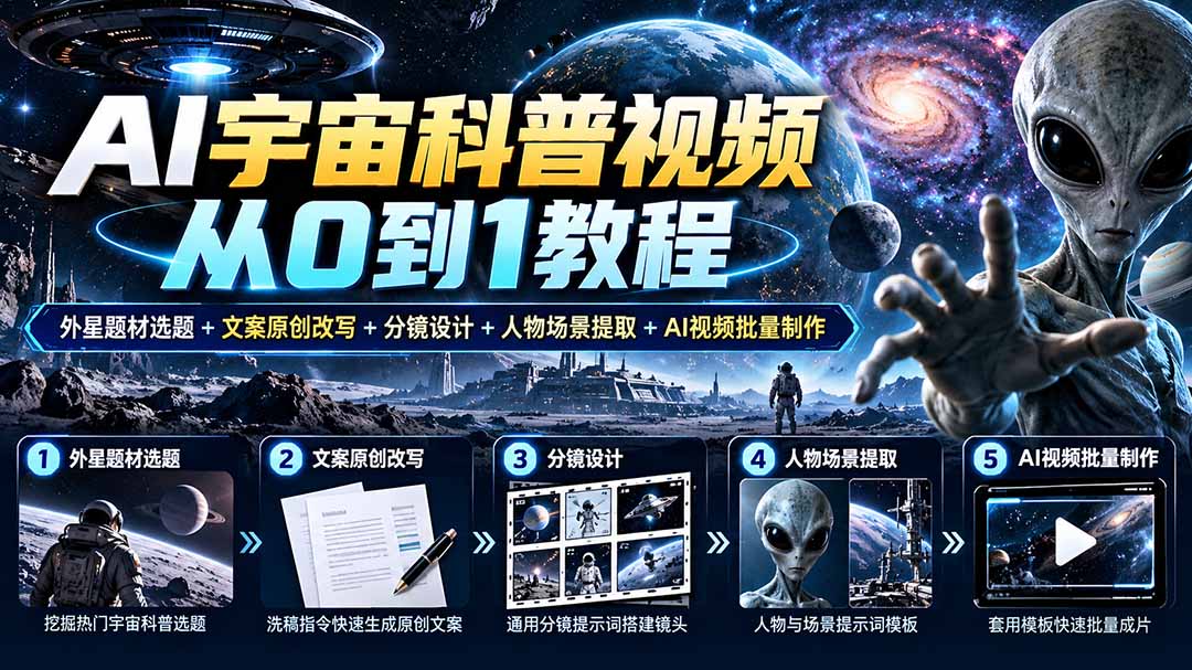 AI宇宙科普视频从0到1教程｜外星题材选题+文案原创改写+分镜设计+人物场景提取+AI视频批量制作-站长V课