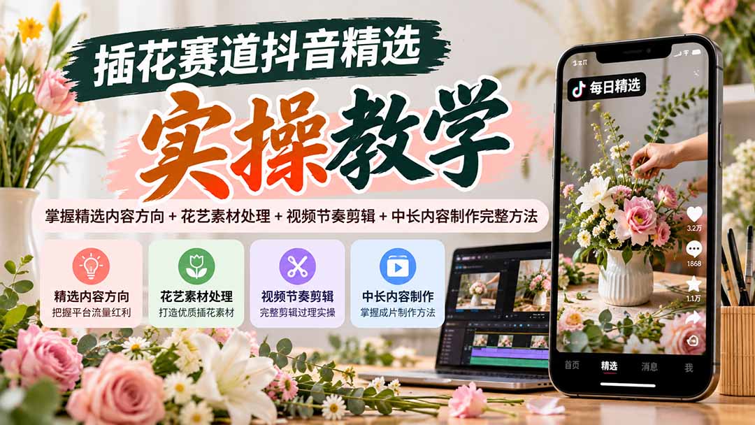 插花赛道抖音精选实操教学：掌握精选内容方向+花艺素材处理+视频节奏剪辑+中长内容制作完整方法-站长V课
