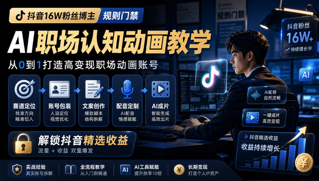 抖音16W粉丝博主规则门禁的AI职场认知动画教学,从赛道定位、账号包装,到文案创作、配音定制、AI成片,解锁抖音精选收益-站长V课