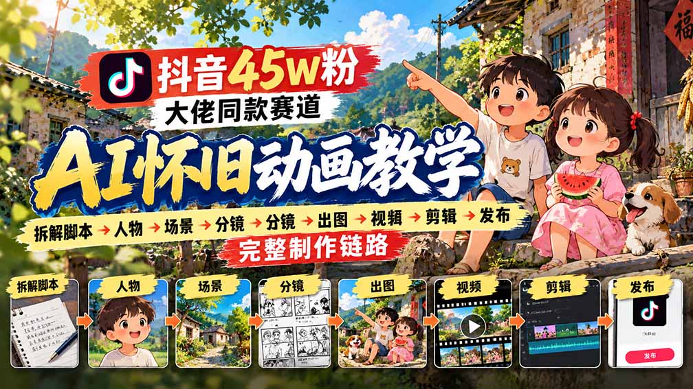 抖音45W粉大佬同款赛道AI怀旧动画教学:拆解脚本→人物→场景→分镜→出图→视频→剪辑→发布完整制作链路-站长V课