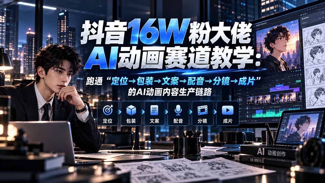 抖音16W粉大佬规则门禁AI动画赛道教学:跑通“定位→包装→文案→配音→分镜→成片”的AI动画内容生产链路-站长V课