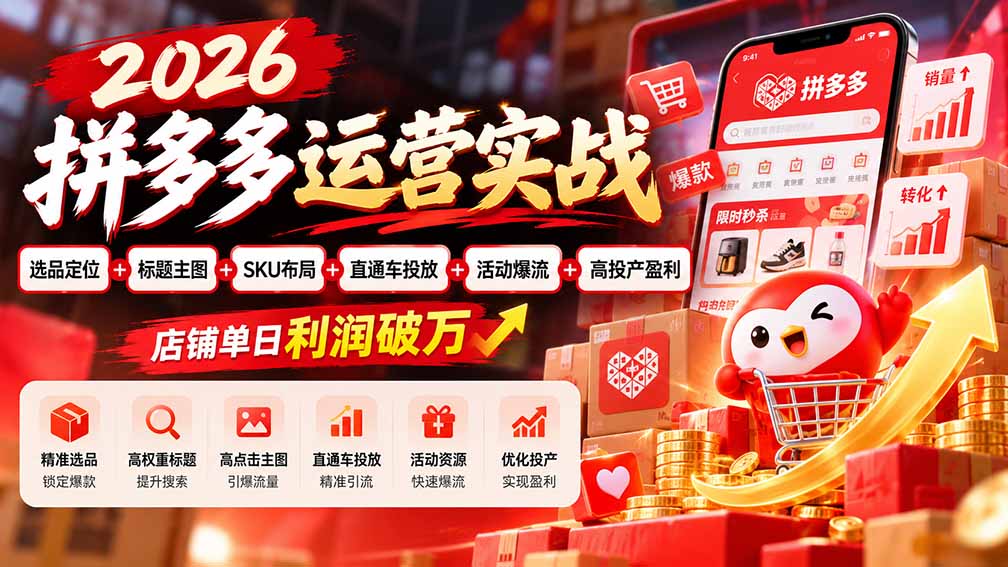 2026拼多多运营实战-更新1002：选品定位+标题主图+SKU布局+直通车投放+活动爆流+高投产盈利 店铺单日利润破万-站长V课