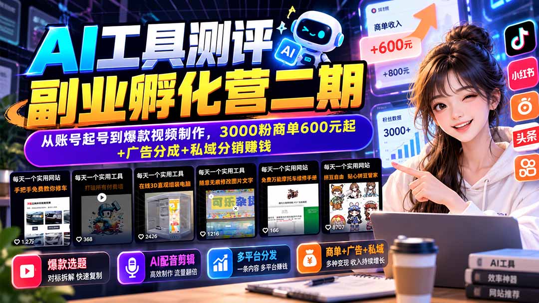 AI工具测评副业孵化营二期:从账号起号到爆款视频制作,3000粉商单600元起+广告分成+私域分销赚钱-站长V课