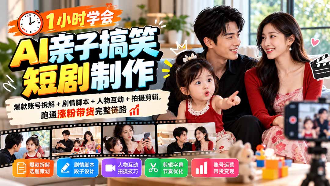1小时学会AI亲子搞笑短剧制作：爆款账号拆解+剧情脚本+人物互动+拍摄剪辑，跑通涨粉带货完整链路-站长V课