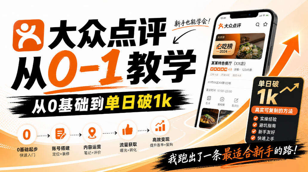 大众点评分成从0-1教学,从0基础到单日破1k,我跑出了一条最适合新手的路-站长V课