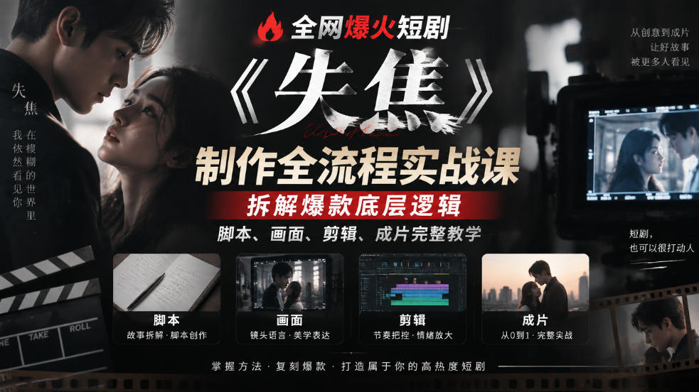 全网爆火短剧《失焦》制作全流程实战课|拆解爆款底层逻辑,脚本、画面、剪辑、成片完整教学-站长V课