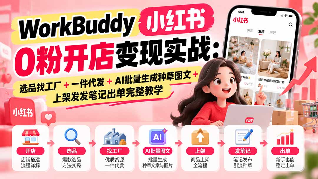 WorkBuddy小红书0粉开店变现实战:选品找工厂+一件代发+AI批量生成种草图文+上架发发笔记出单完整教学-站长V课