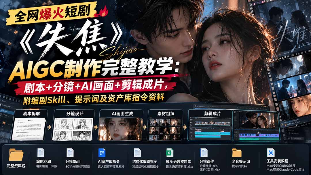 全网爆火短剧《失焦》AIGC制作完整教学:剧本+分镜+AI画面+剪辑成片,附编剧Skill、提示词及资产库指令资料-站长V课