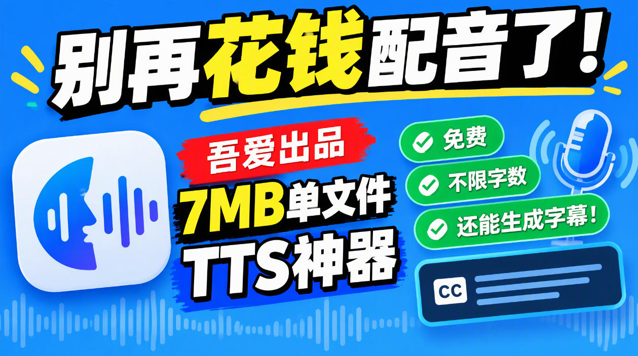 别再花钱配音了!吾爱出品7MB单文件TTS神器,免费不限字数还能生成字幕!-站长V课