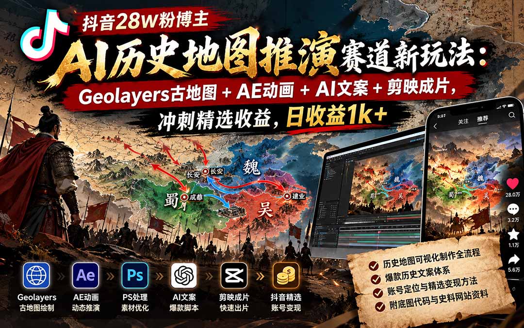 抖音28W粉博主AI历史地图推演赛道新玩法：Geolayers古地图+AE动画+AI文案+剪映成片，冲刺精选收益，日收益1k+-站长V课