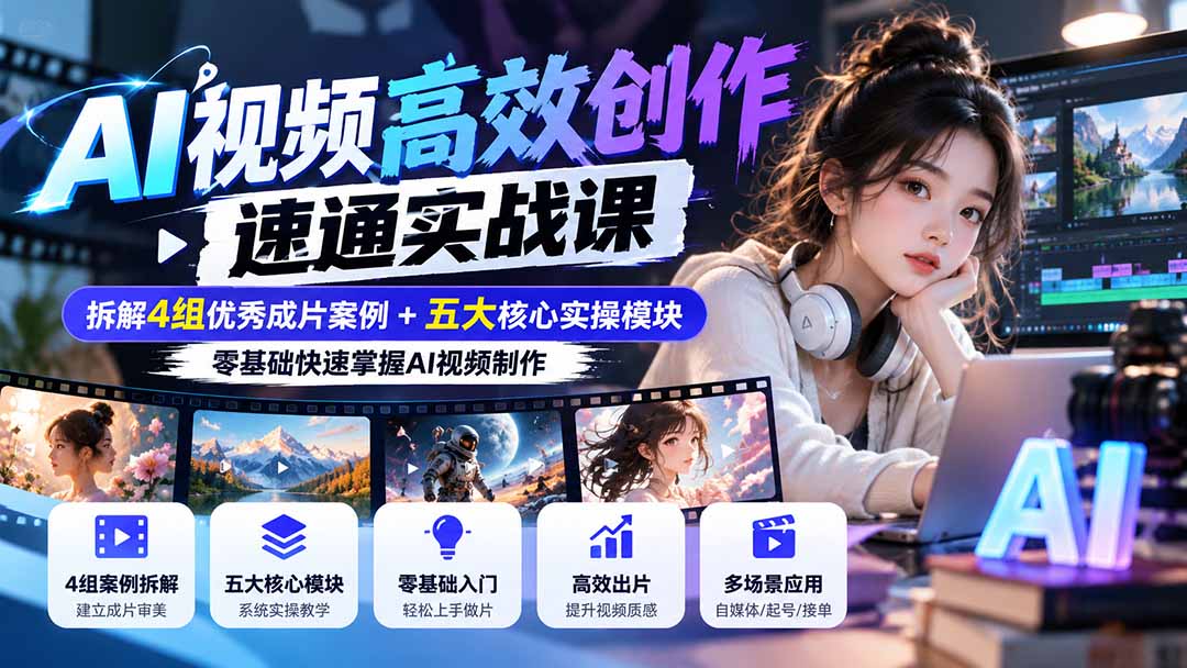 【无水印】AI视频高效创作速通实战课：拆解4组优秀成片案例+五大核心实操模块，零基础快速掌握AI视频制作-站长V课