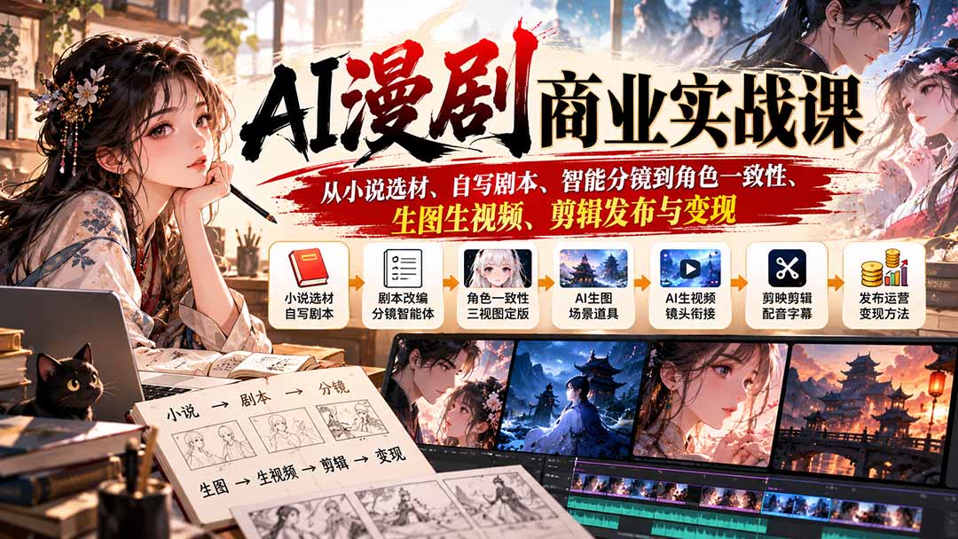 AI漫剧商业实战课：从小说选材、自写剧本、智能分镜到角色一致性、生图生视频、剪辑发布与变现-站长V课